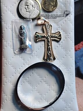 Gold Tone Cross Pendant with Black Bangle